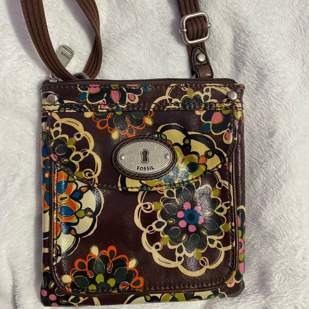 Fossil brown floral crossbody purse